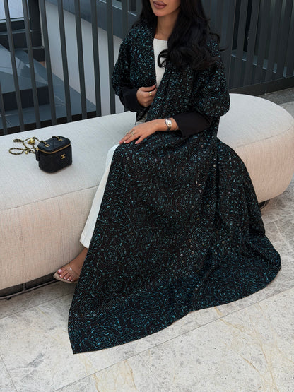 FAB341-Black Green Embroidery Half-Bisht Cut Abaya with Fitted Black Stretch Sleeves and matching headscarf