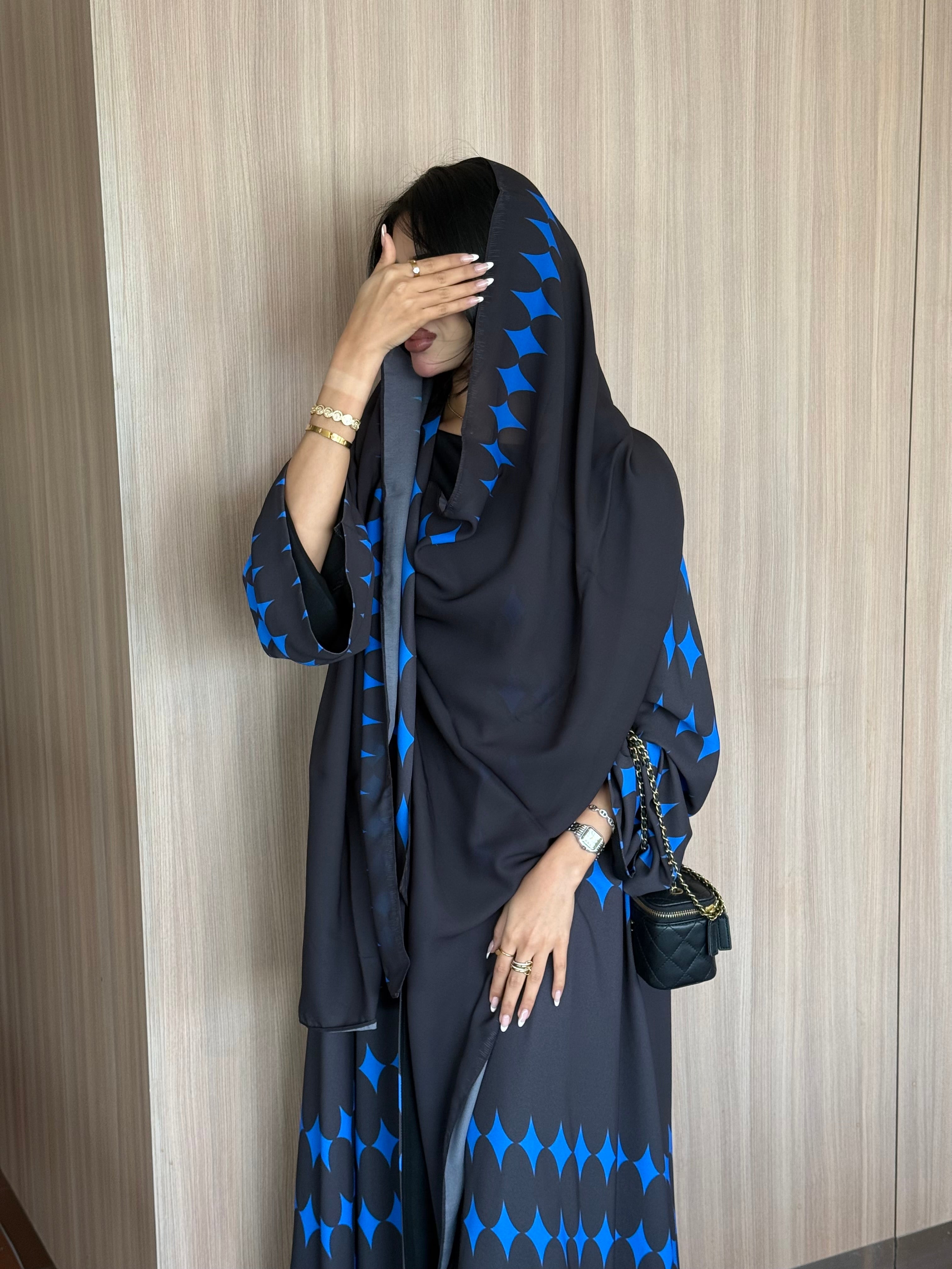 FAB336-Blue & Black Diamond Print Straight-Cut Abaya with Matching Headscarf