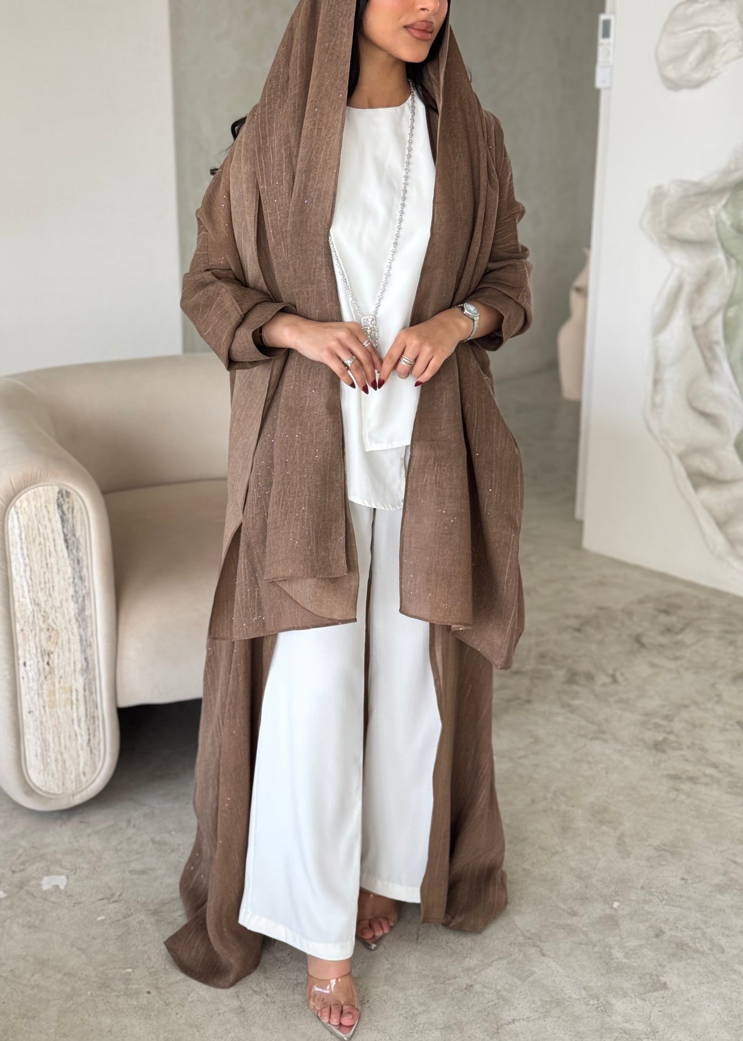 FAB170- Camel Linen Glitter A-Cut Abaya Set
