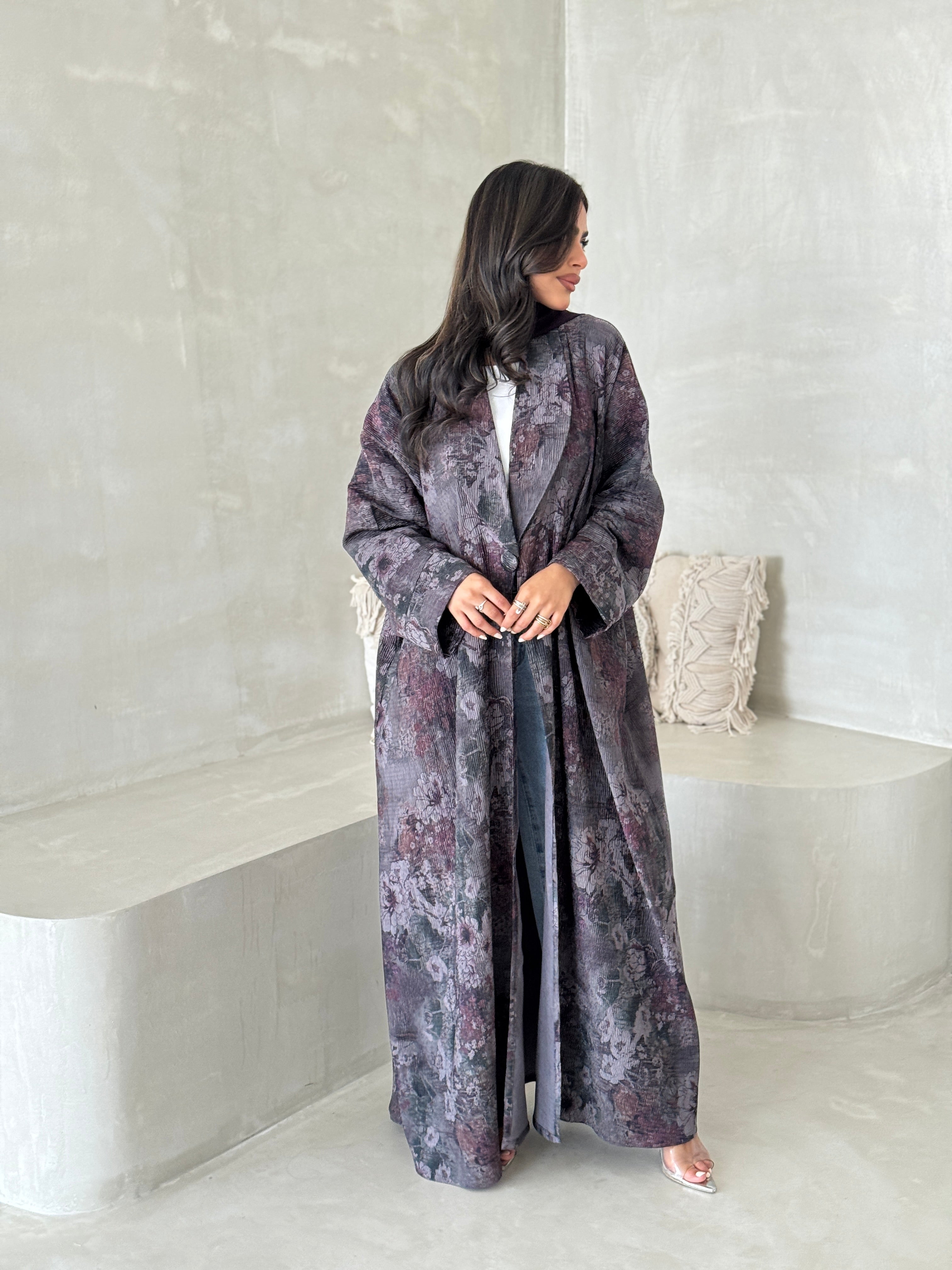 FAB199-Grey Pleats Half-Bisht Summer Abaya with matching headscarf
