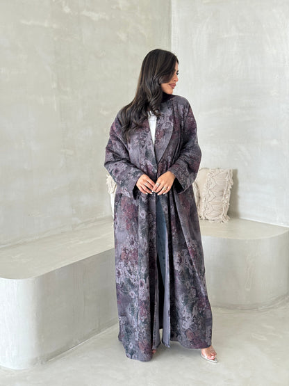 FAB199-Grey Pleats Half-Bisht Summer Abaya with matching headscarf