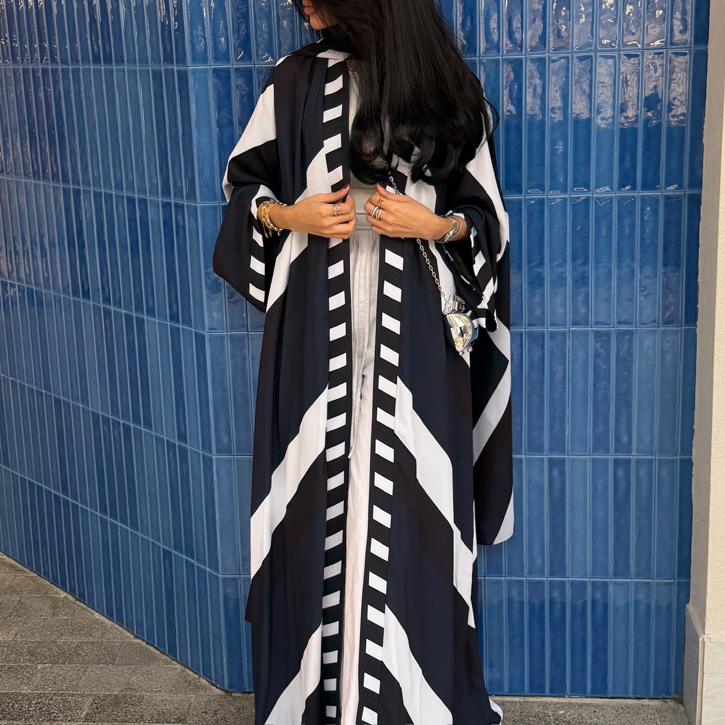 FAB303- Blue & Black Print Chiffon Silk A-Cut Abaya Set