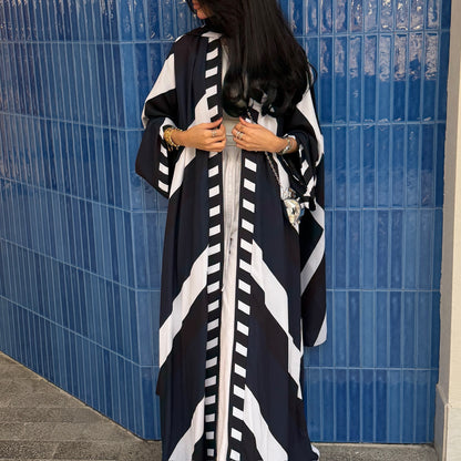 FAB303- Blue & Black Print Chiffon Silk A-Cut Abaya Set