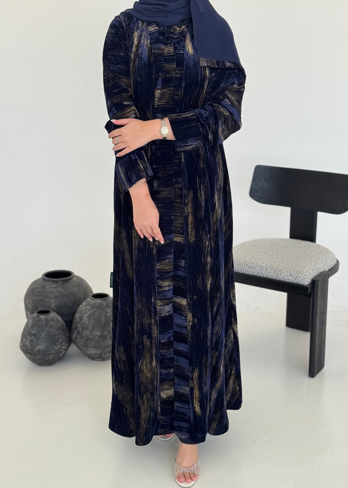 FAB235- Blue & Gold Marble Velvet A-Cut Abaya