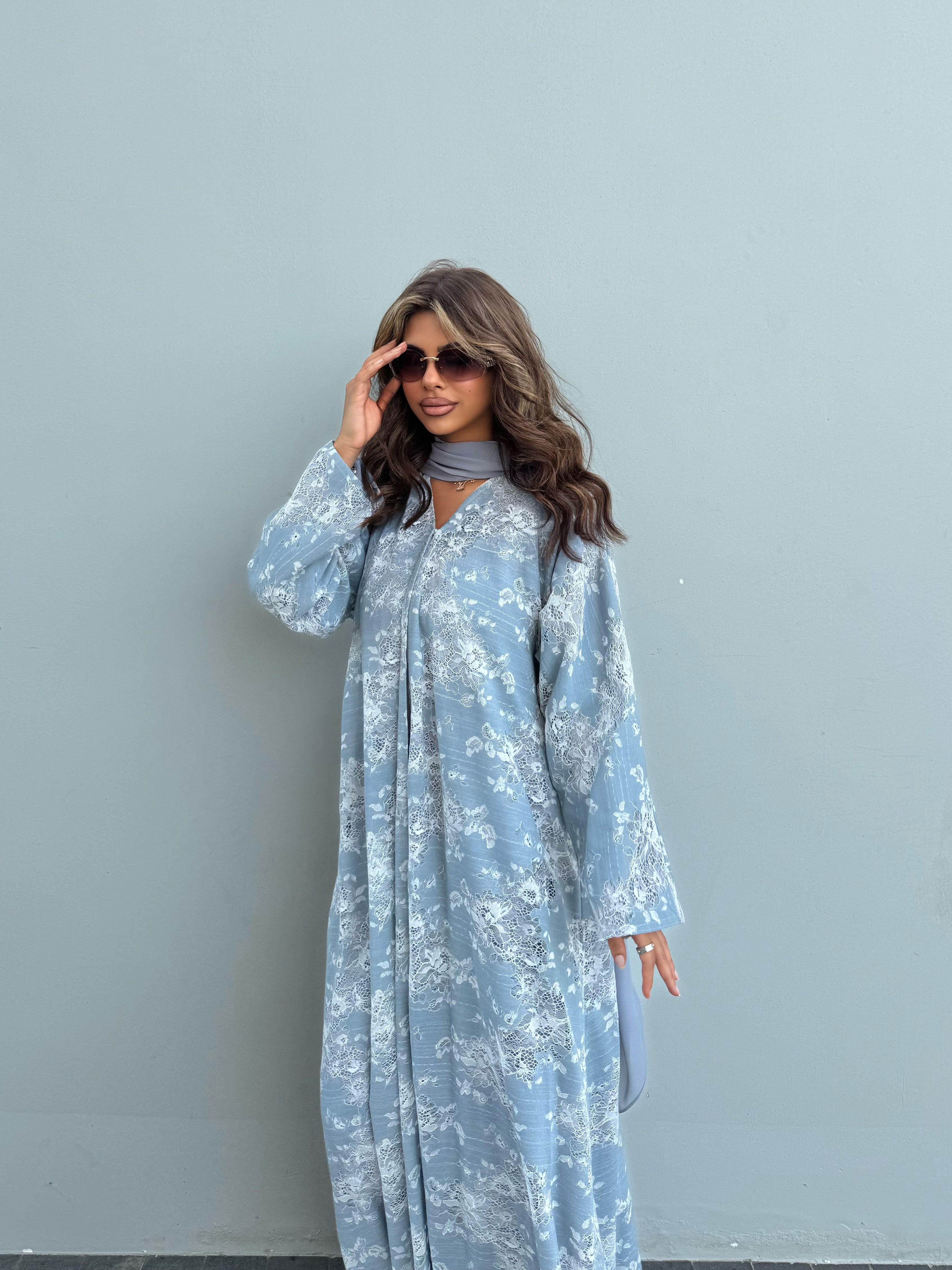 FAB301- White and Blue Lace and Linen Summer A-Cut Abaya
