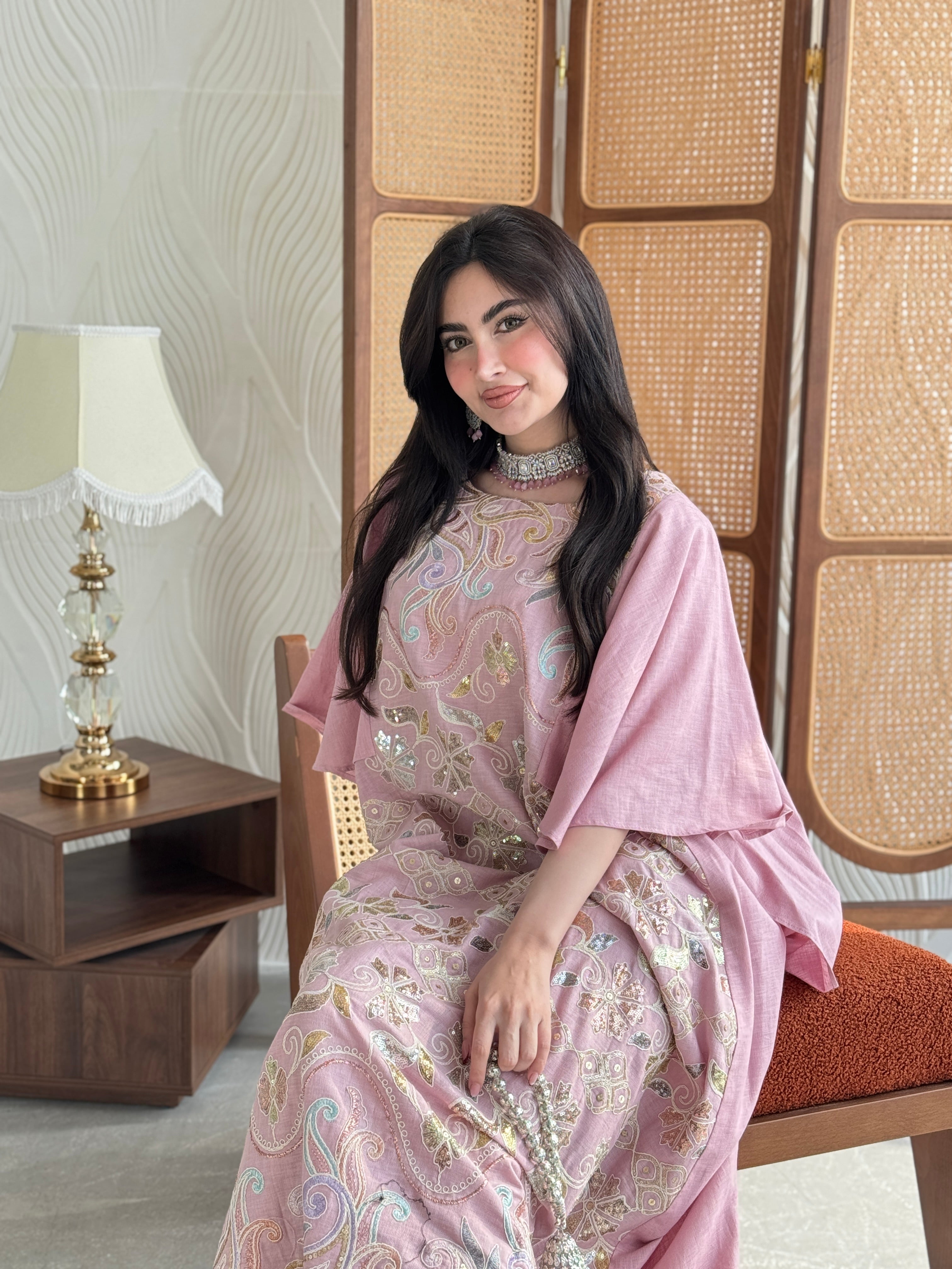 FAB270- Pink Elegant linen jalabiya with multicolor embroidery and a flowing cape cut
