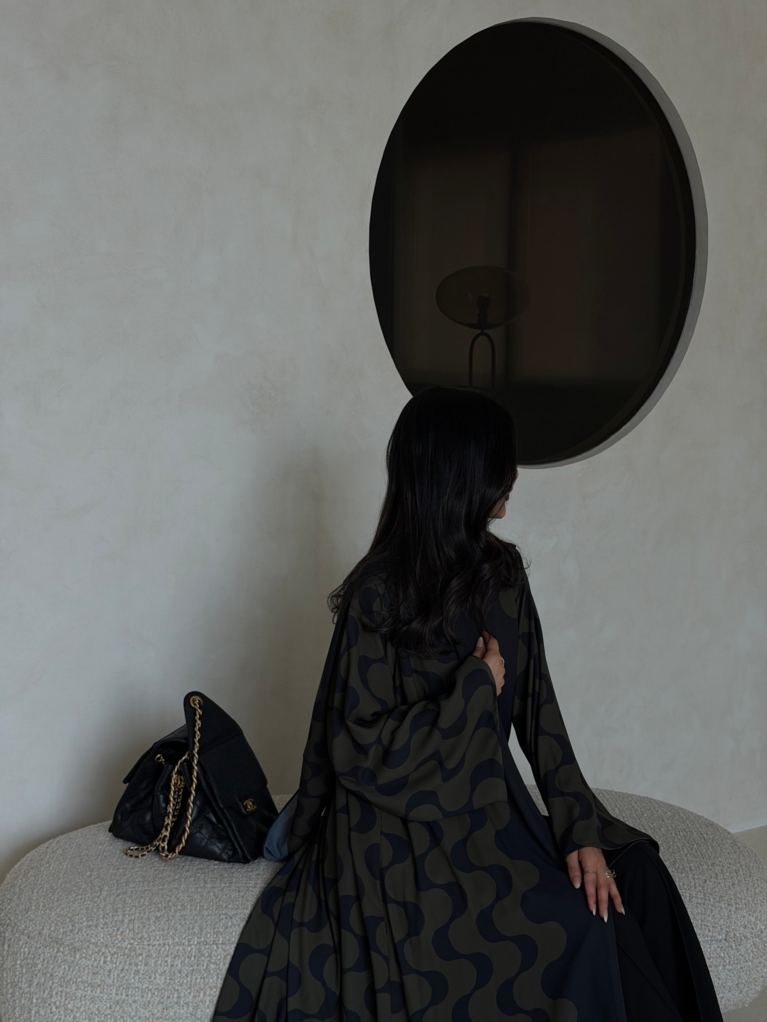 FAB343- Dark Olive and Black Waves Printed Straight-Cut Abaya and matching headscarf
