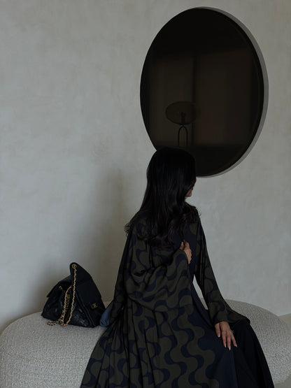 FAB343- Dark Olive and Black Waves Printed Straight-Cut Abaya and matching headscarf