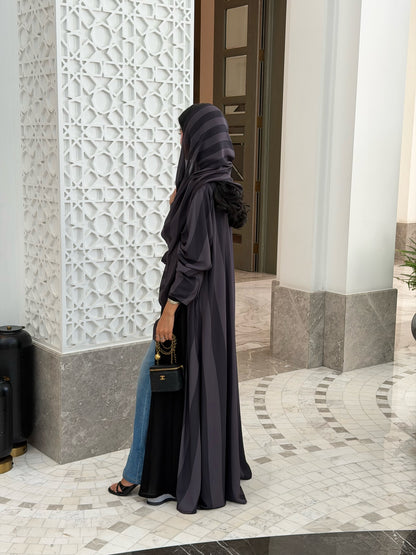 FAB332-Grey Basic Light Stripped Printed Klosh Abaya Set