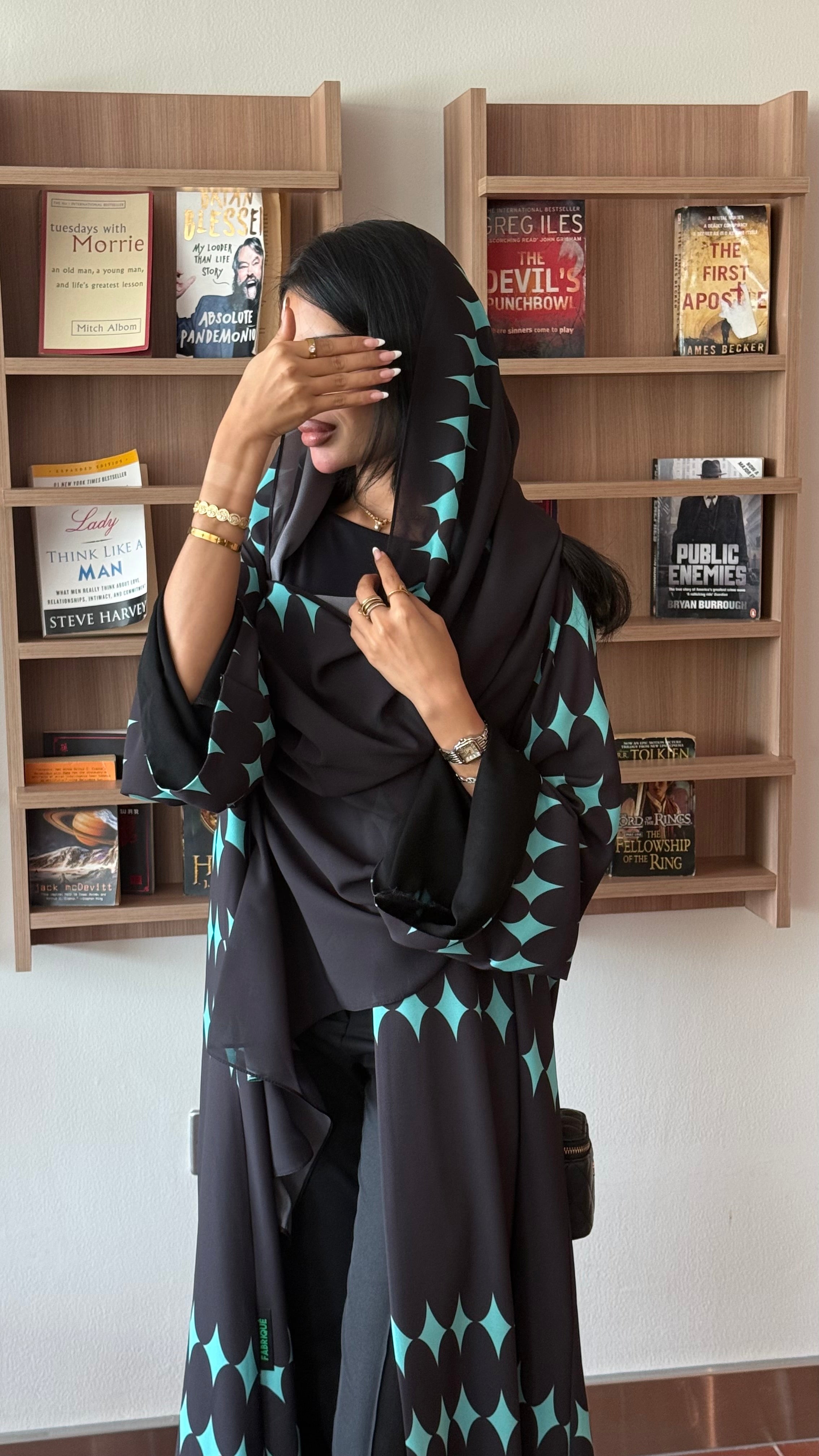 FAB333-Turquoise & Black Diamond Print Straight-Cut Abaya with Matching Headscarf