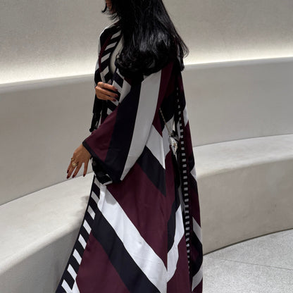 FAB302-Maroon & Black Printed Chiffon Silk A-Cut Abaya Set