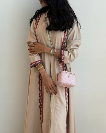 FAB325- Beige Pink Crochet Crepe A-Cut Abaya with matching headscarf