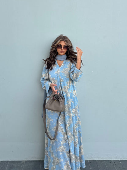 FAB300- Yellow and Blue Lace and Linen Summer A-Cut Abaya