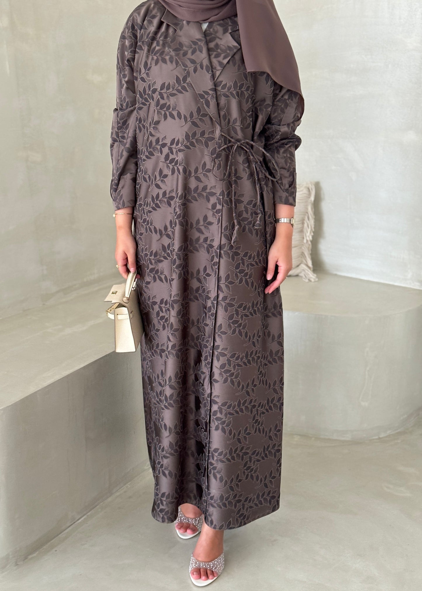 FAB197- Brown Collar Blazer Cut Abaya with headscarf