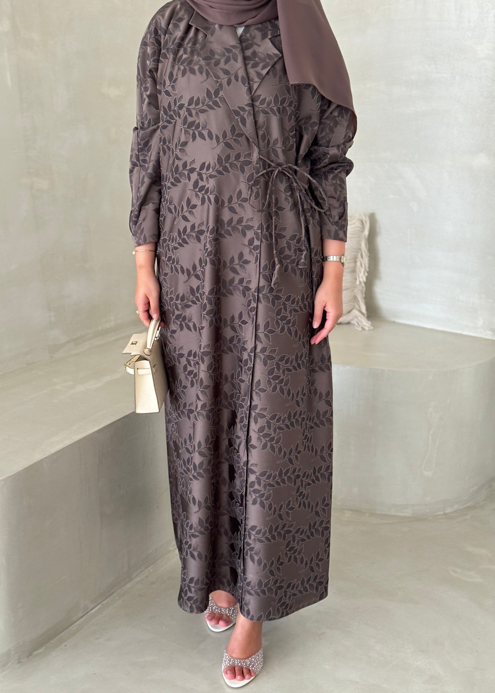 FAB197- Brown Collar Blazer Cut Abaya with headscarf