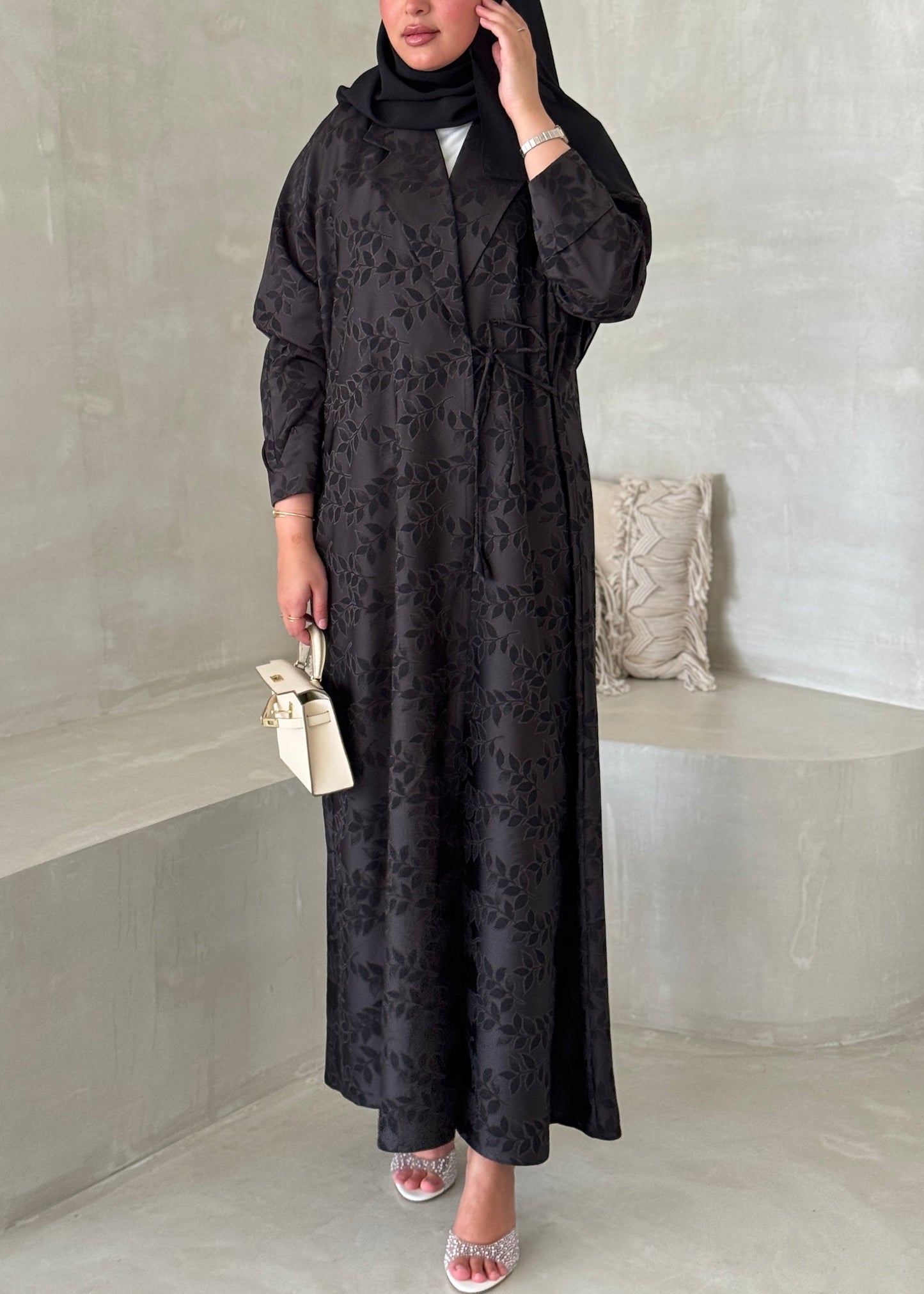FAB198- Grey-Black Collar Blazer Cut Abaya with headscarf