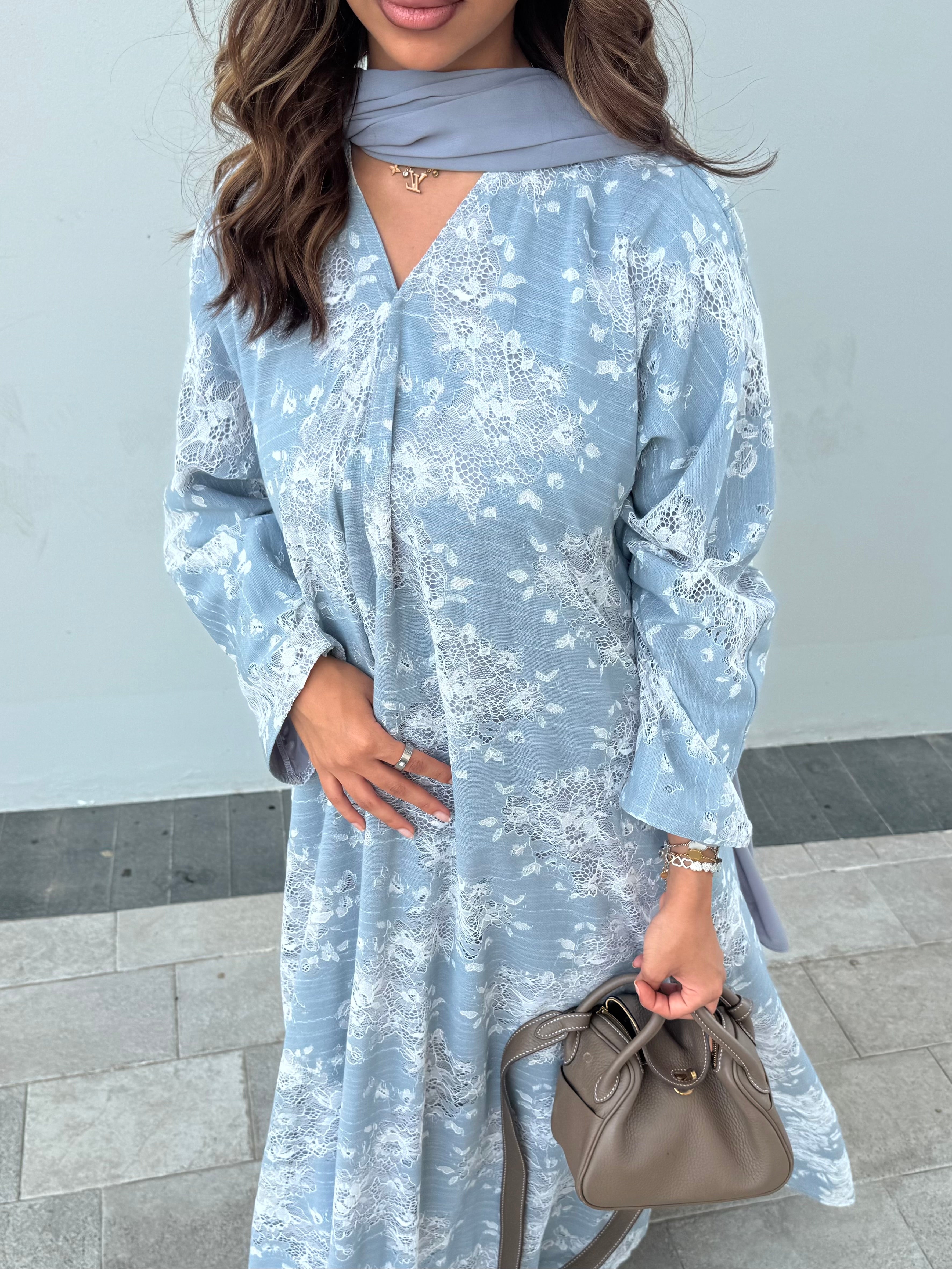 FAB301- White and Blue Lace and Linen Summer A-Cut Abaya