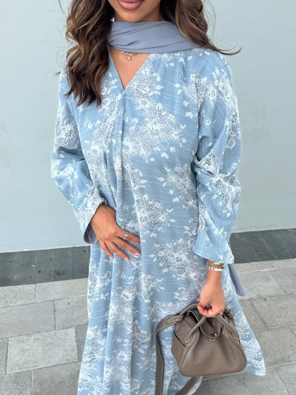 FAB301- White and Blue Lace and Linen Summer A-Cut Abaya