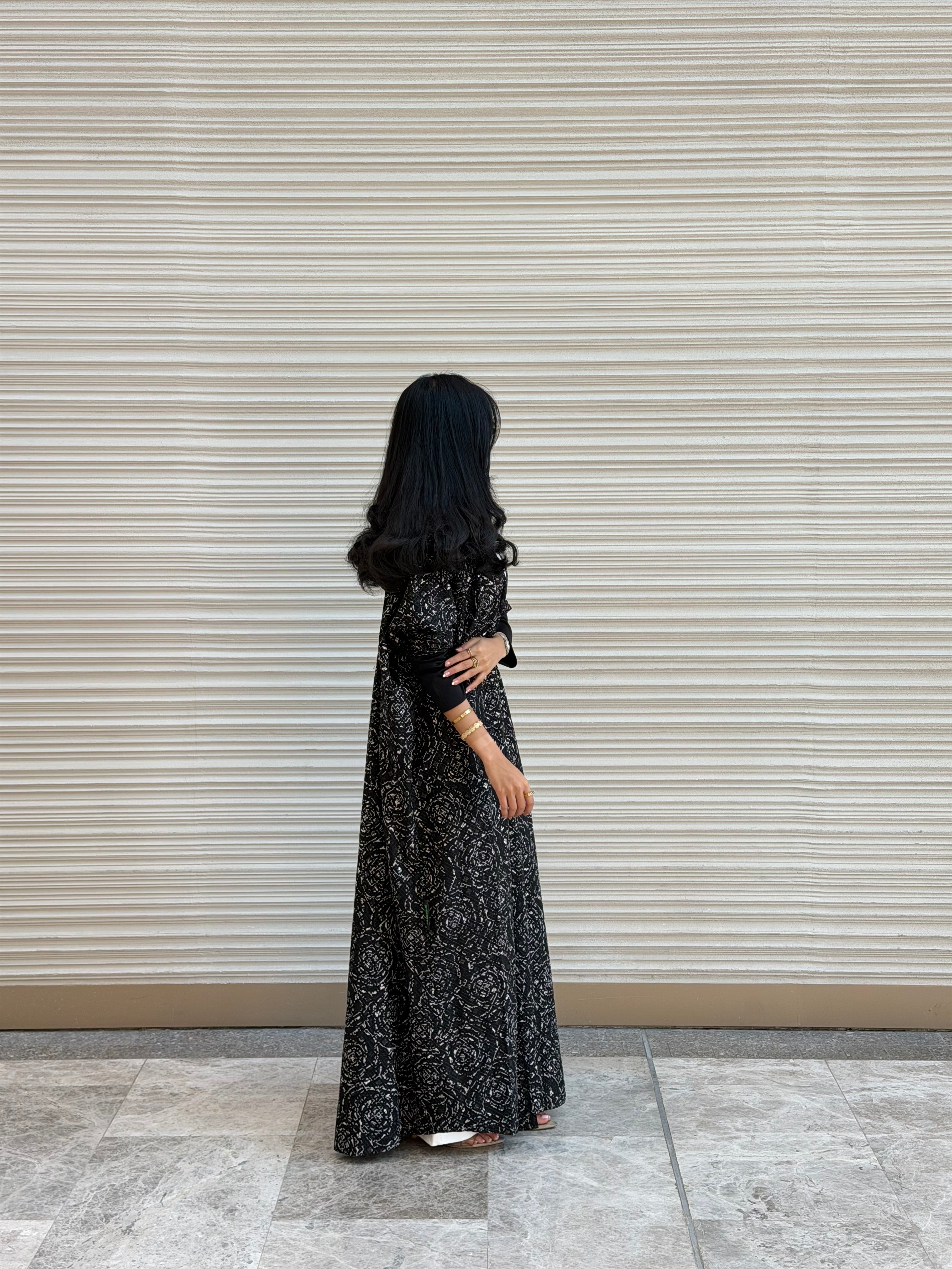 FAB340-Black White Embroidery Half-Bisht Cut Abaya with Fitted Black Stretch Sleeves and matching headscarf