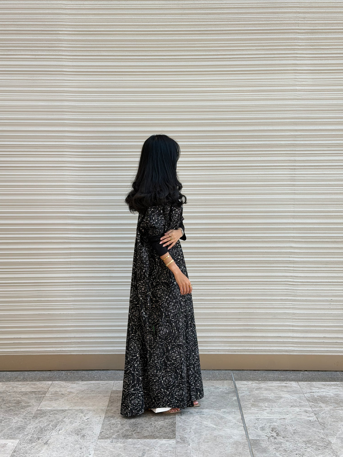 FAB340-Black White Embroidery Half-Bisht Cut Abaya with Fitted Black Stretch Sleeves and matching headscarf