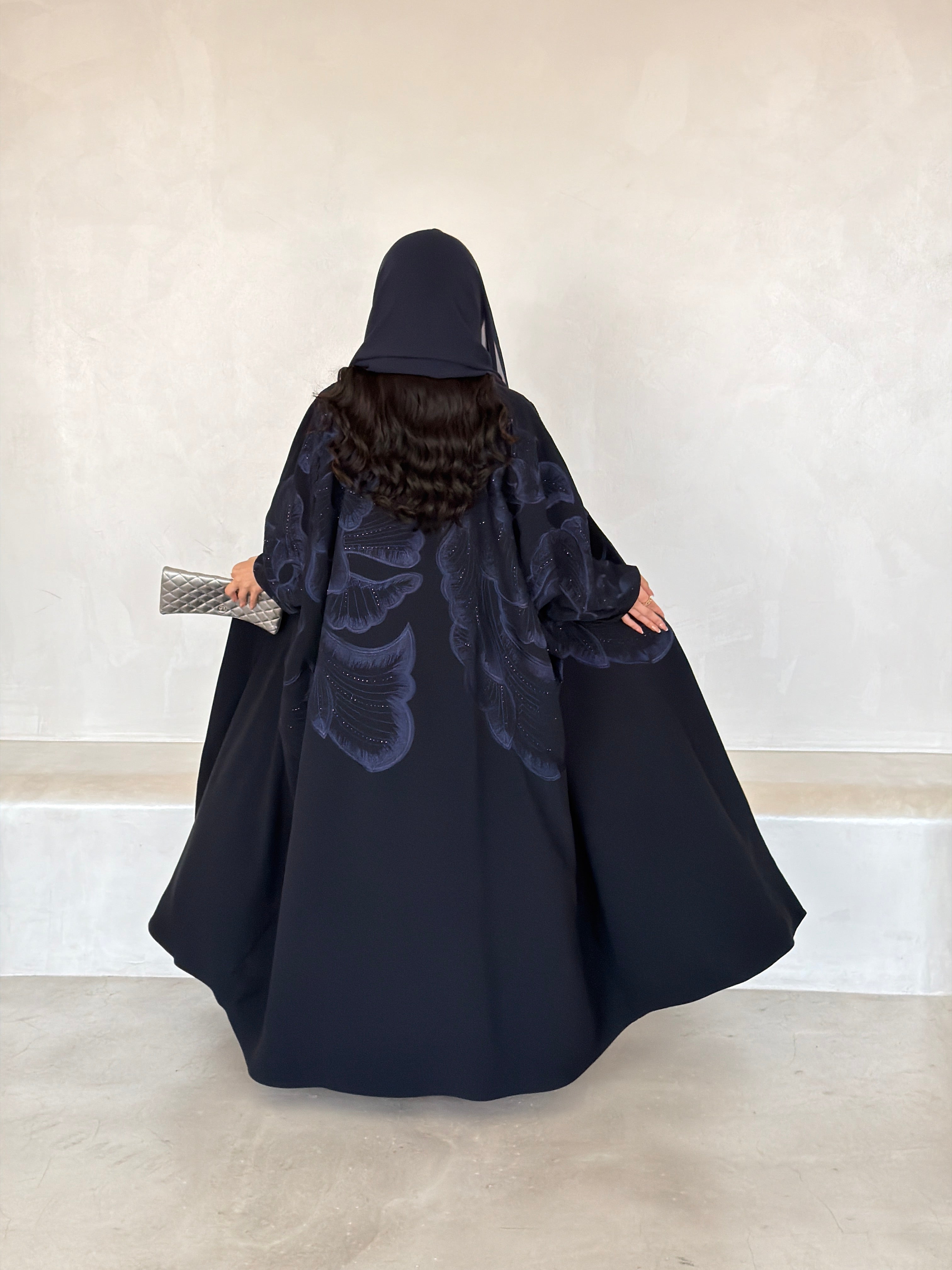 FAB298- Navy Blue Crystal Embroidered Half Bisht Cut Crepe Abaya