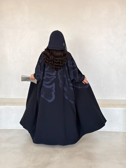 FAB298- Navy Blue Crystal Embroidered Half Bisht Cut Crepe Abaya