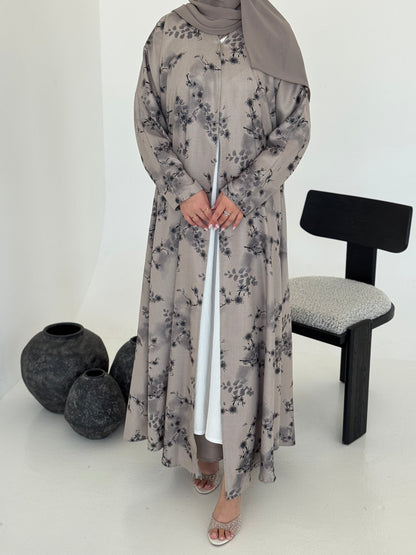 FAB223- Light Beige Printed Floral A-Cut Abaya