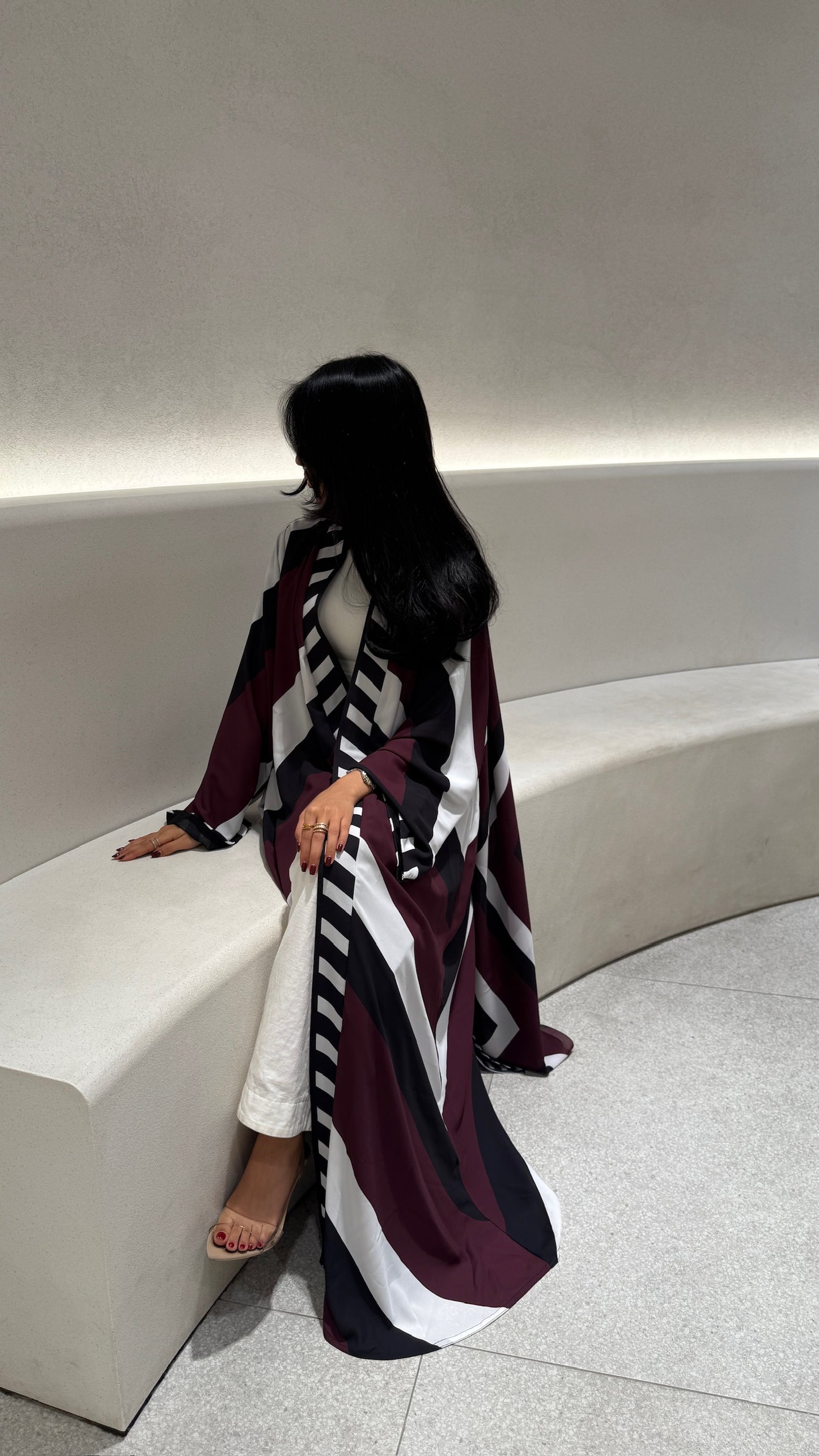 FAB302-Maroon & Black Printed Chiffon Silk A-Cut Abaya Set