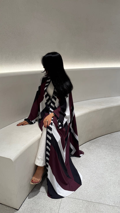 FAB302-Maroon & Black Printed Chiffon Silk A-Cut Abaya Set