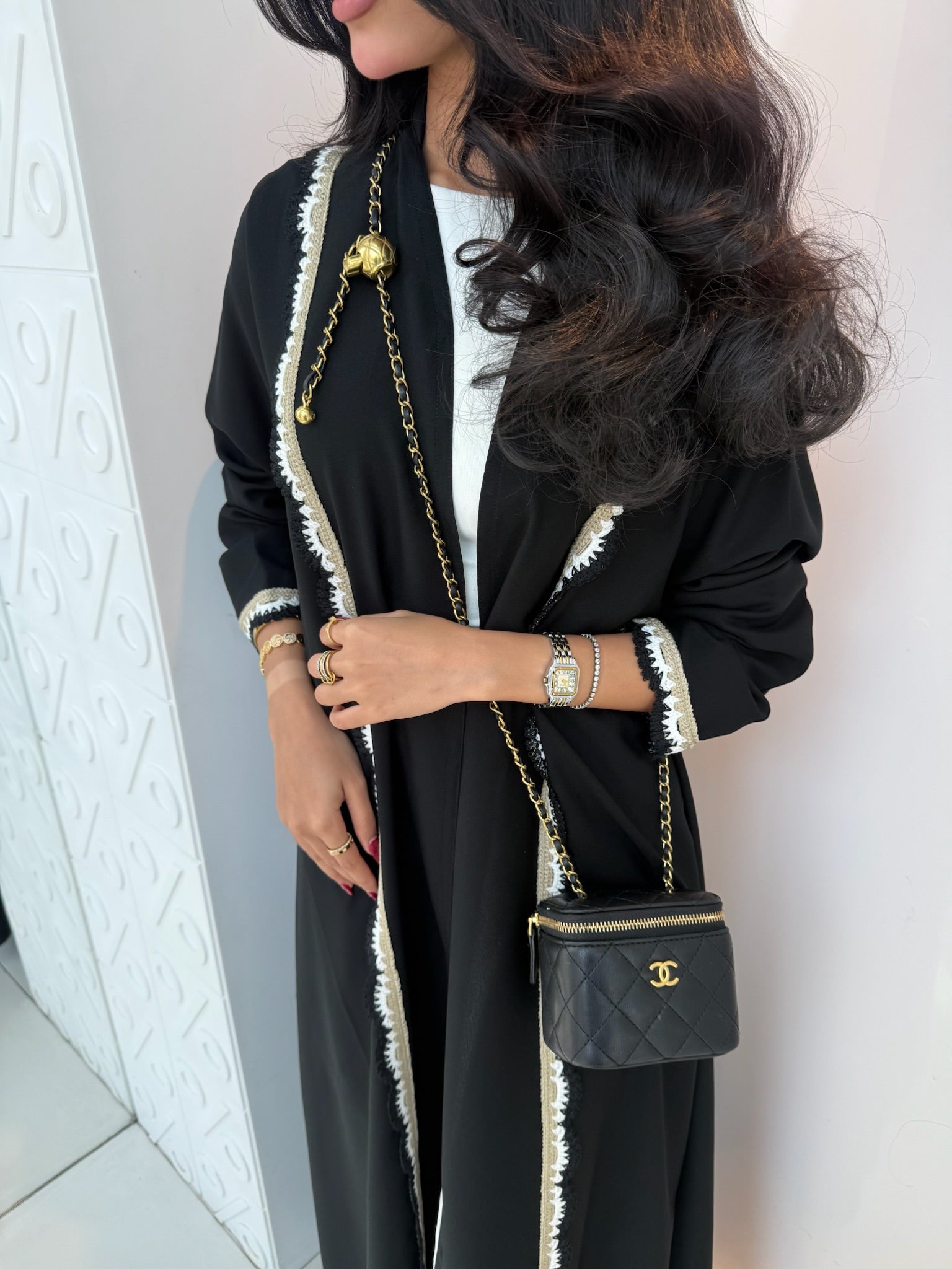 FAB326- Beige Black Crochet Crepe A-Cut Abaya with matching headscarf