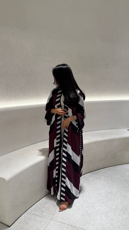 FAB302-Maroon & Black Printed Chiffon Silk A-Cut Abaya Set