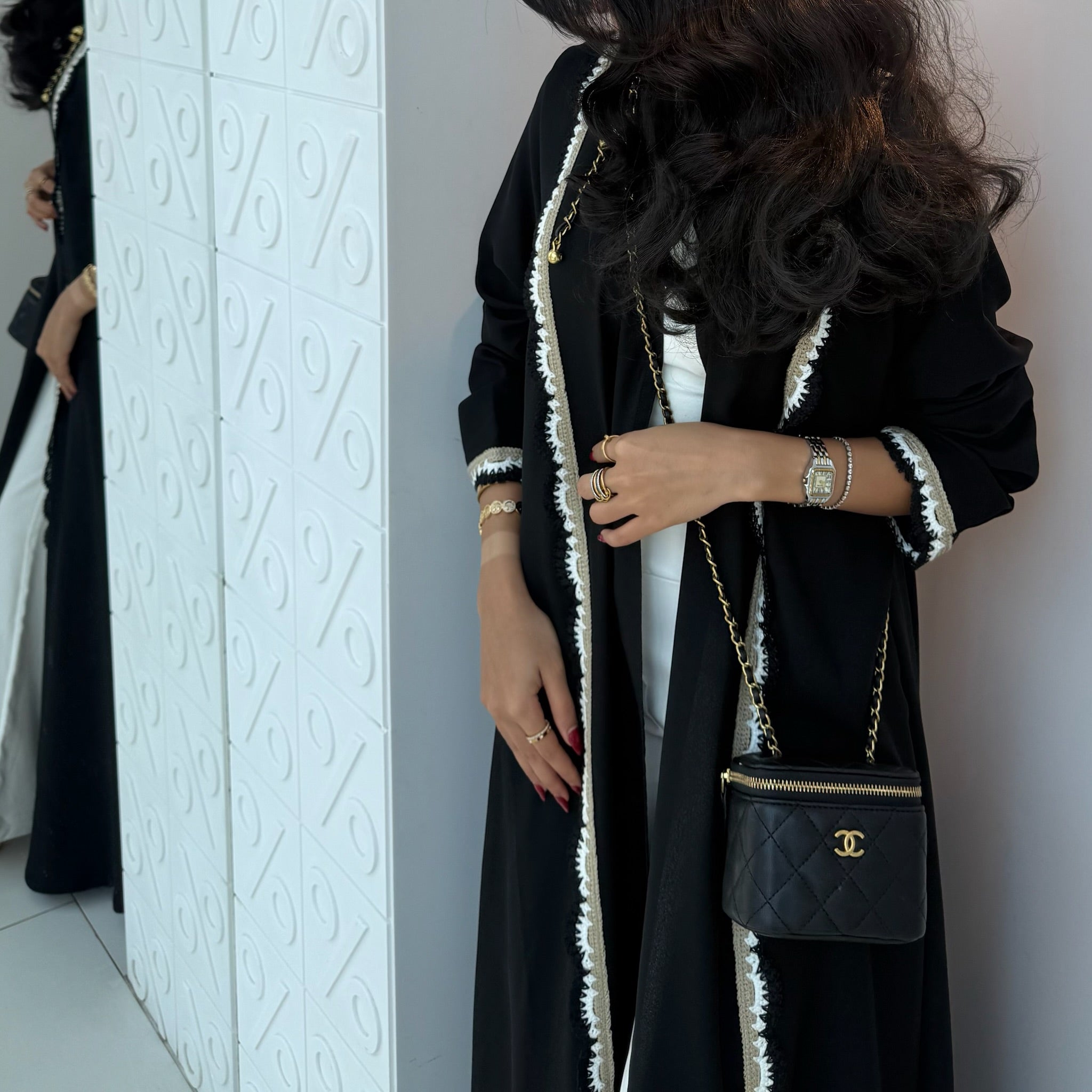 FAB326- Beige Black Crochet Crepe A-Cut Abaya with matching headscarf