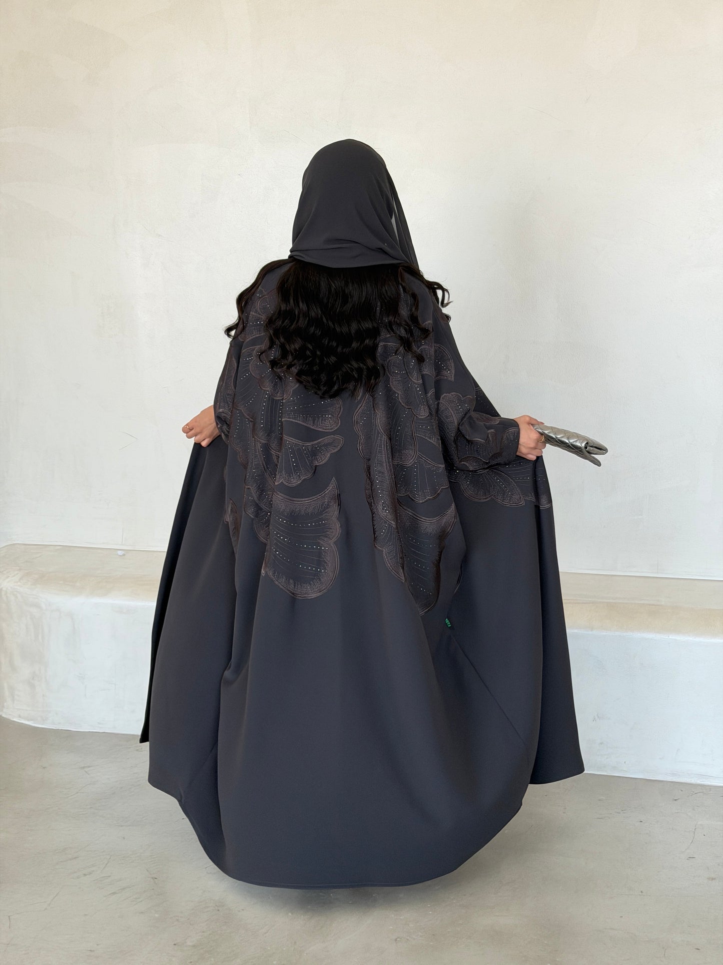 FAB296- Grey Crystal Embroidered Half Bisht Cut Crepe Abaya