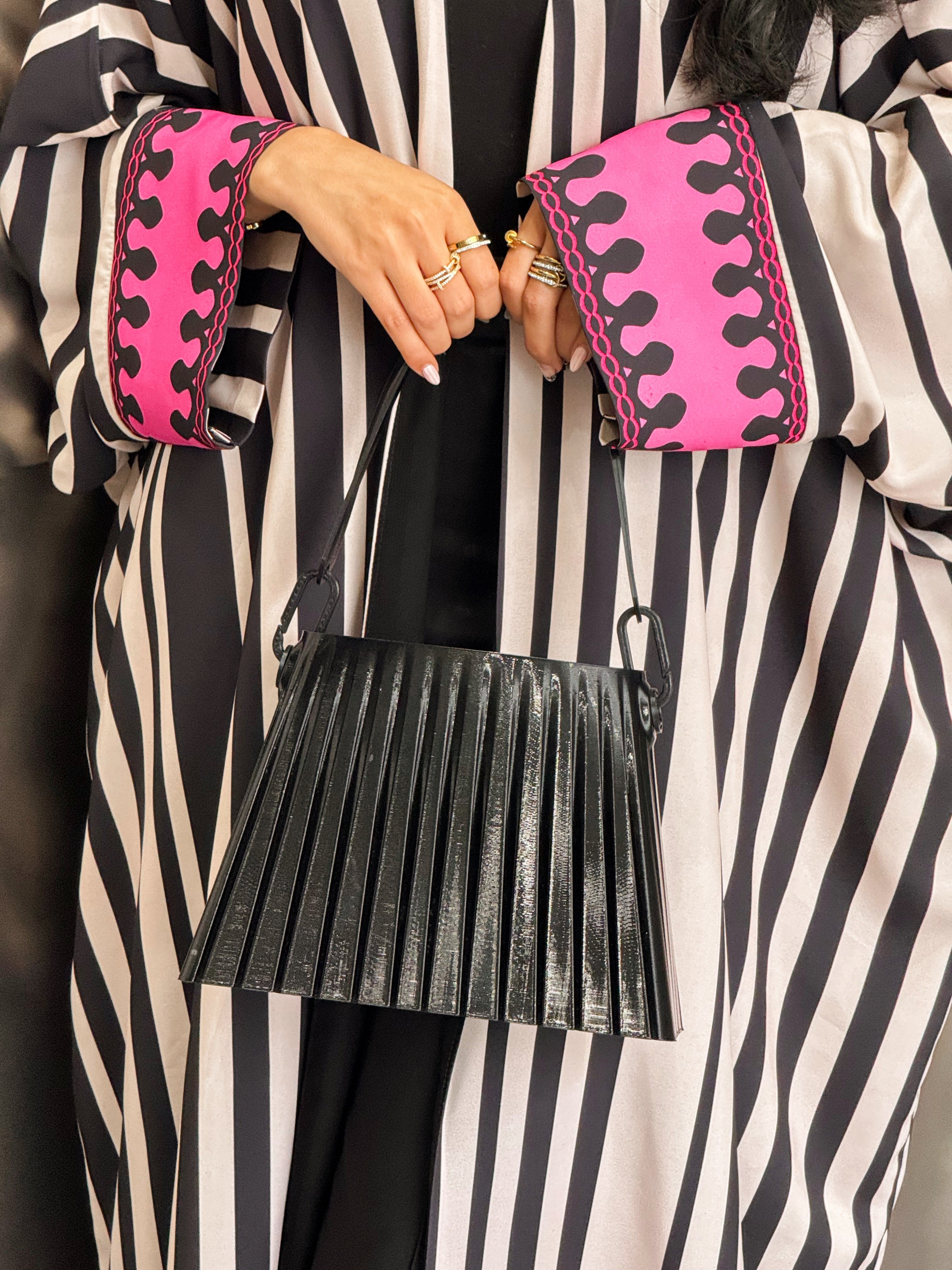 FAB320-Fuchia Black & Light Beige Striped Half Bisht-Cut Abaya with Neon border print