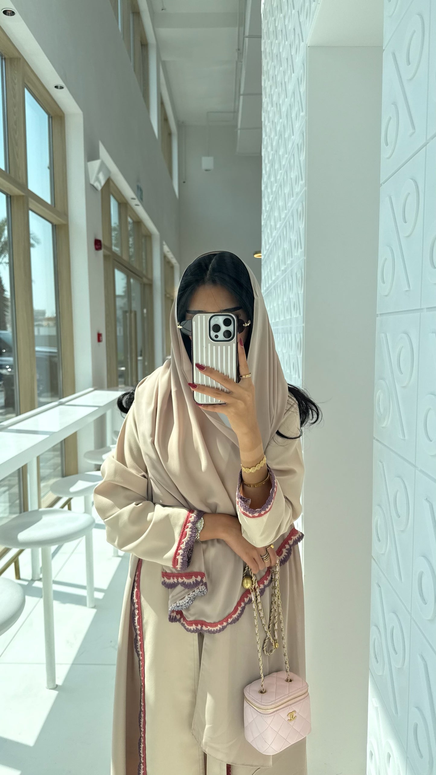 FAB325- Beige Pink Crochet Crepe A-Cut Abaya with matching headscarf