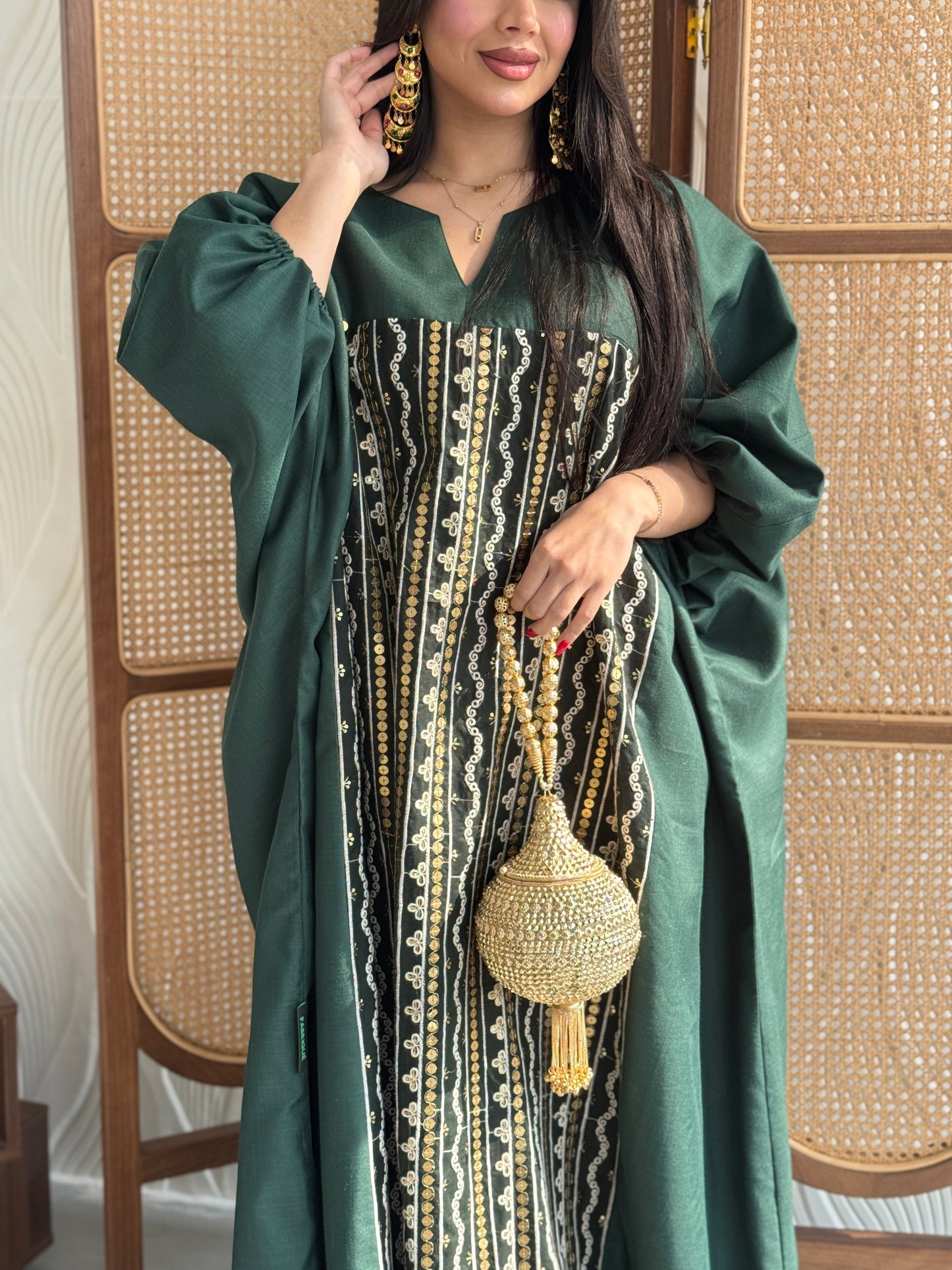 FAB266- Green free-size linen jalabiya with elegant gold embroidery