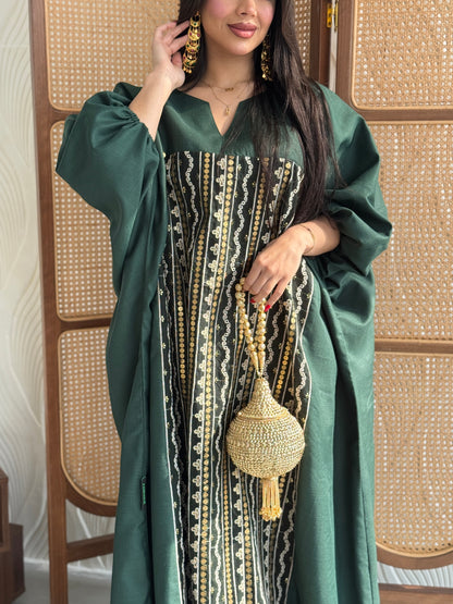 FAB266- Green free-size linen jalabiya with elegant gold embroidery