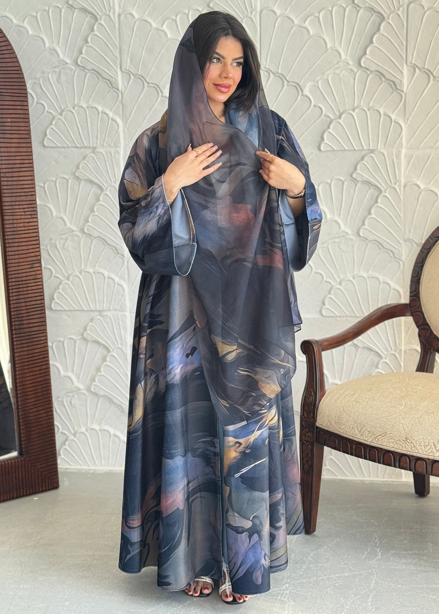 FAB241-Light Black Patterned Printed Velvet A-Cut Abaya Set