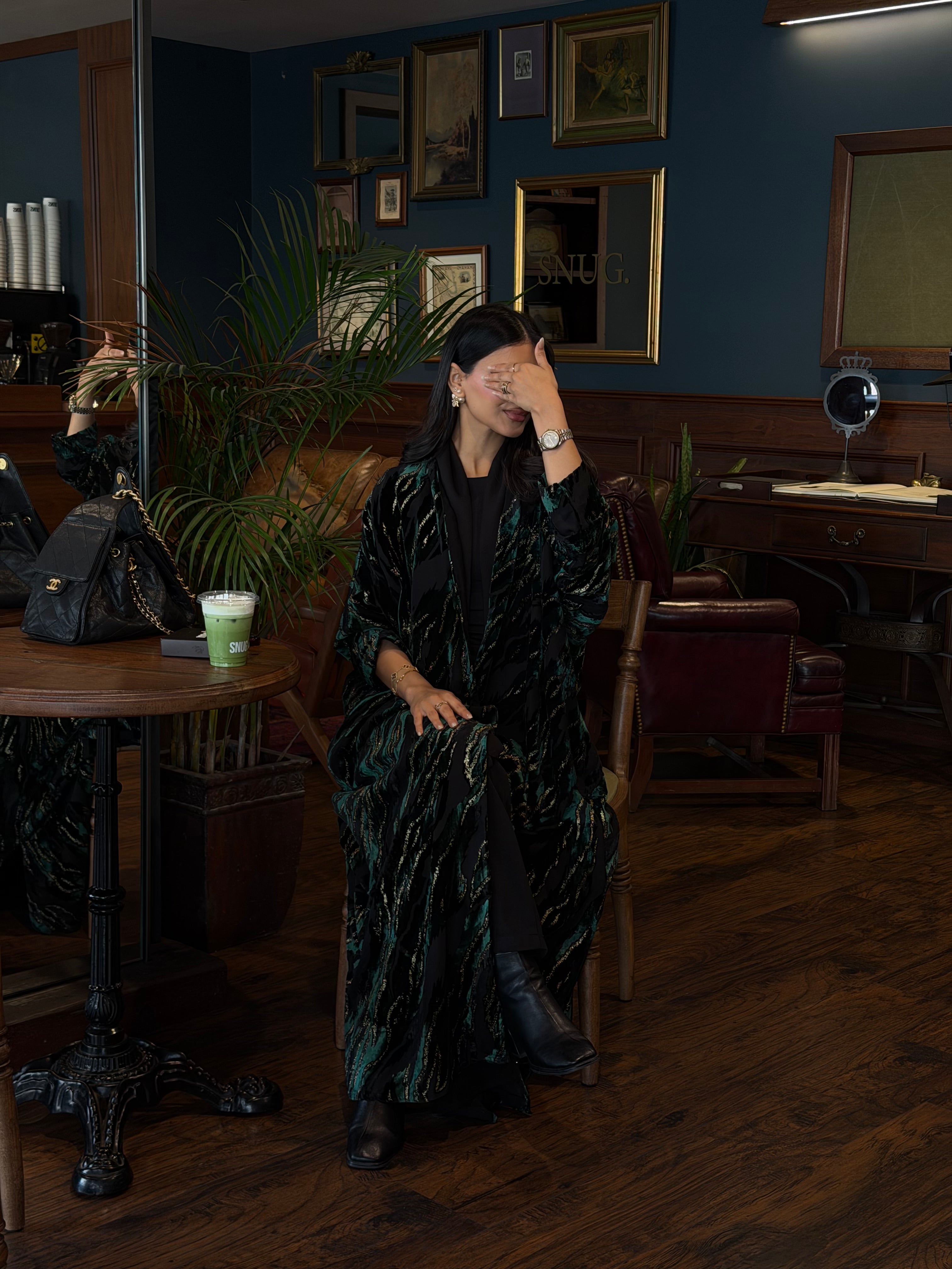 FAB351-Green and Black Chiffon Half Bisht-Cut Abaya with Velvet Shimmer Print and Black Headscarf