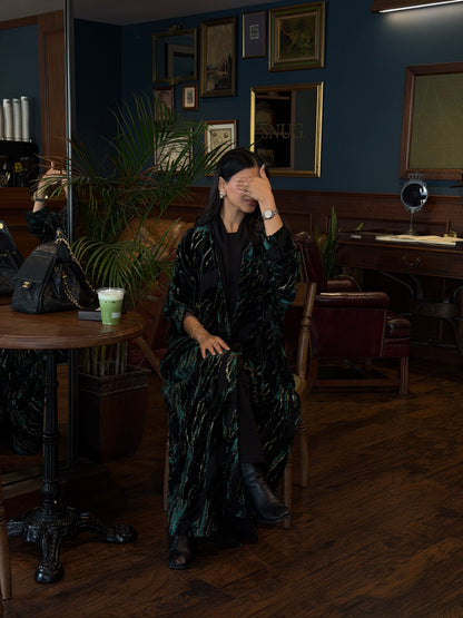 FAB351-Green and Black Chiffon Half Bisht-Cut Abaya with Velvet Shimmer Print and Black Headscarf