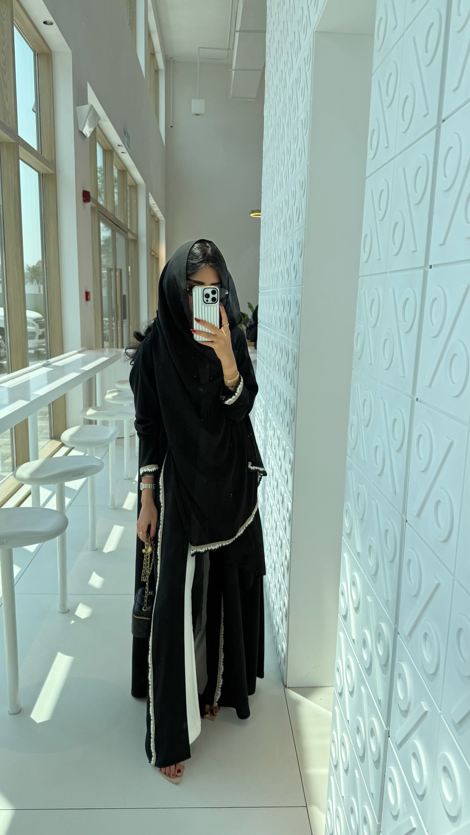 FAB326- Beige Black Crochet Crepe A-Cut Abaya with matching headscarf