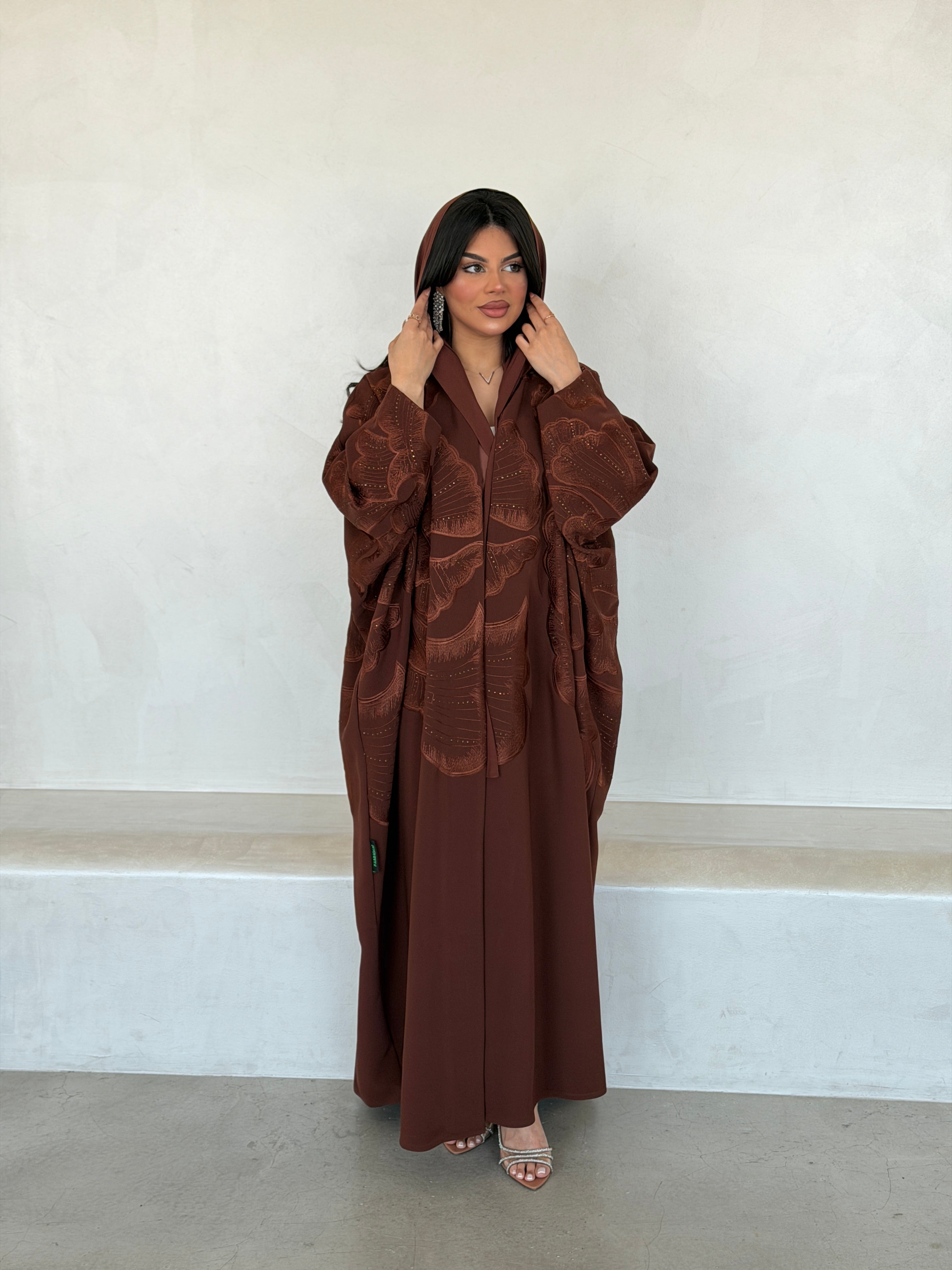 FAB295- Orange Crystal Embroidered Half Bisht Cut Crepe Abaya