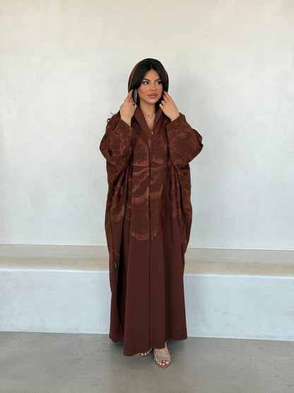 FAB295- Orange Crystal Embroidered Half Bisht Cut Crepe Abaya
