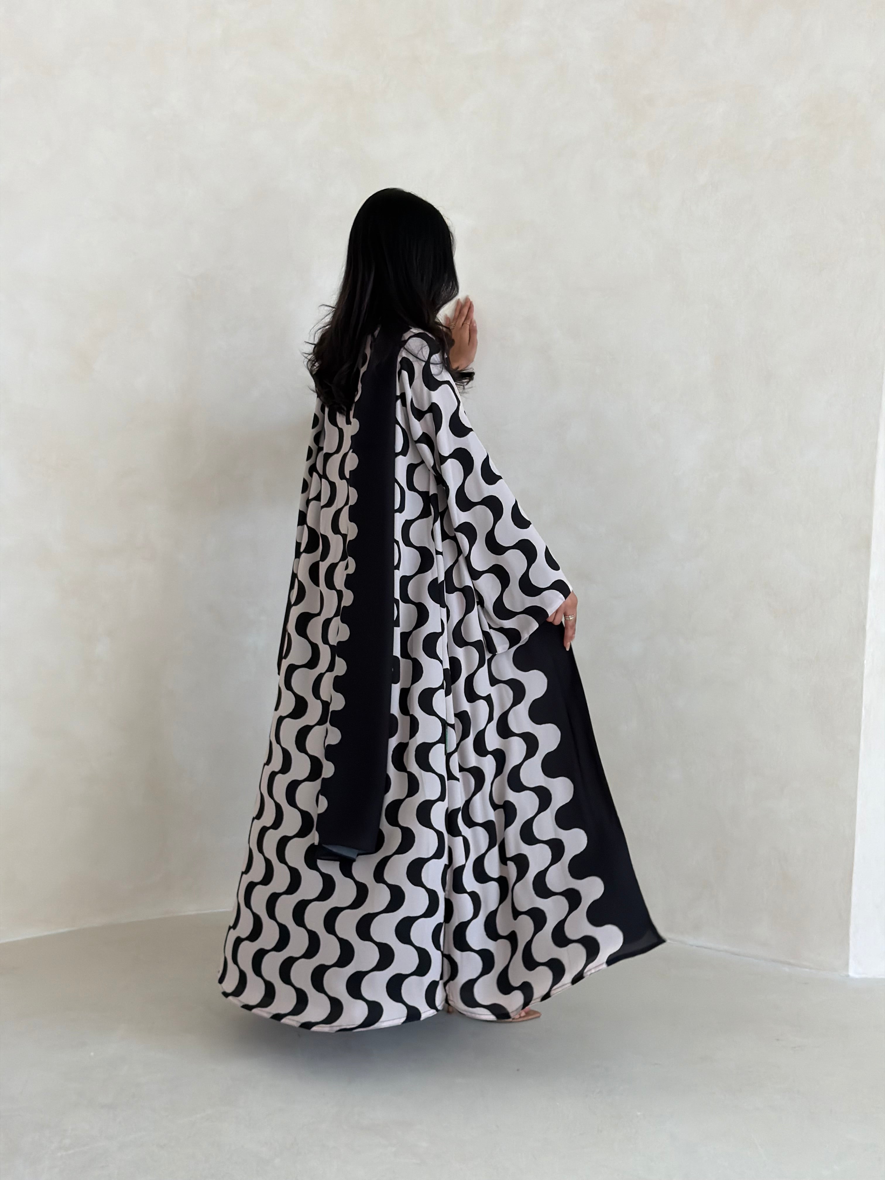 FAB344- White and Black Waves Printed Straight-Cut Abaya and matching headscarf