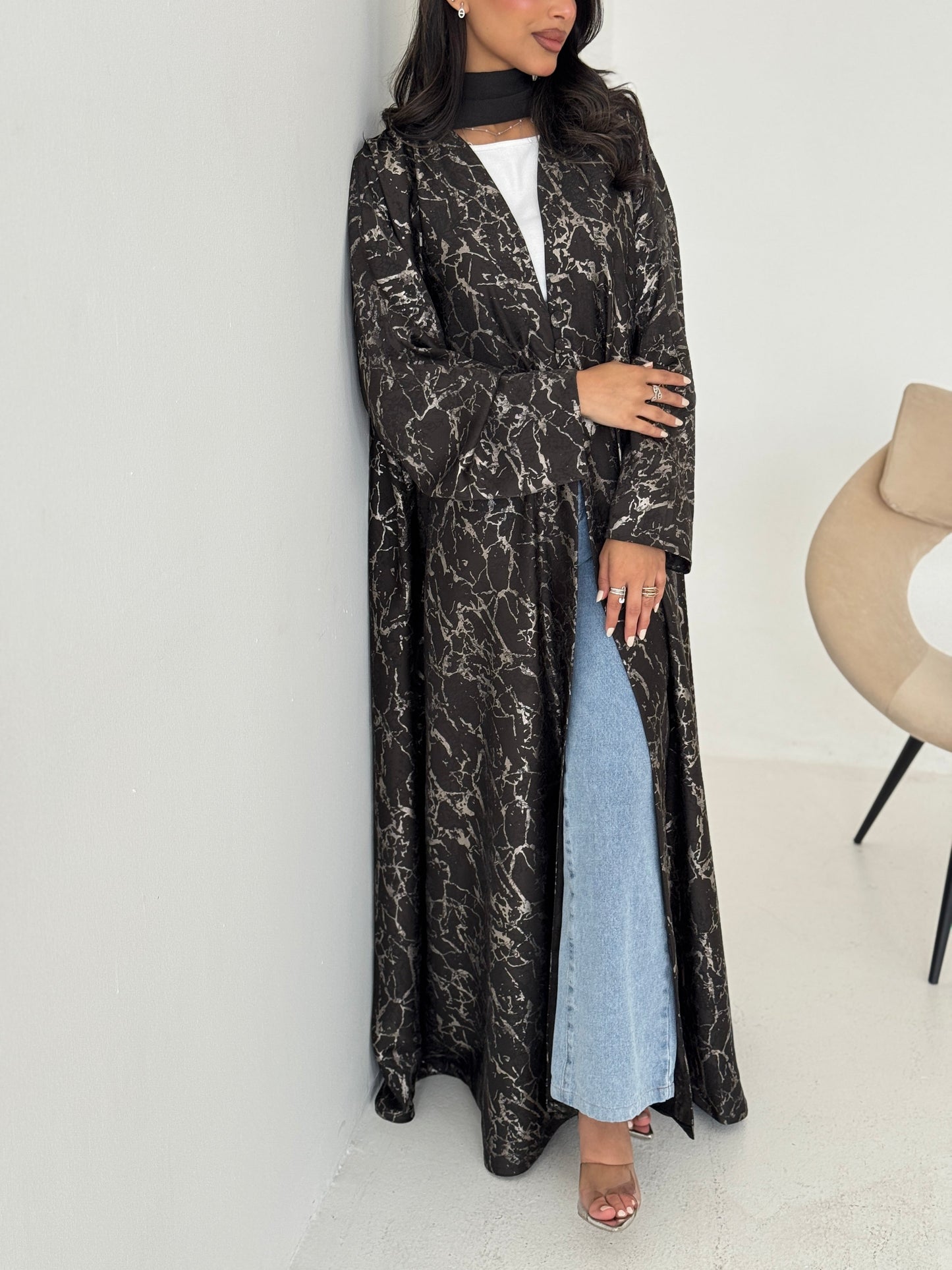 FAB208-Elegant Olive Grey Metallic Crepe Silk A-Cut Abaya with headscarf