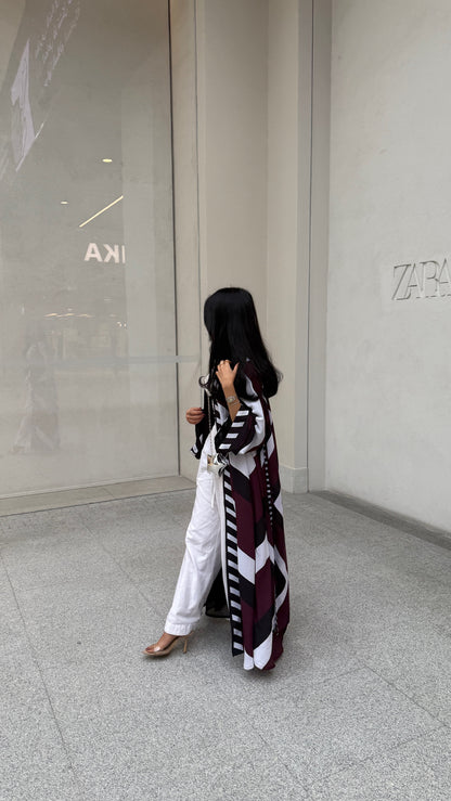 FAB302-Maroon & Black Printed Chiffon Silk A-Cut Abaya Set