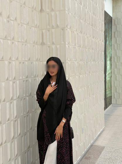 FAB339-Black Pink Embroidery Half-Bisht Cut Abaya with Fitted Black Stretch Sleeves
and matching headscarf
