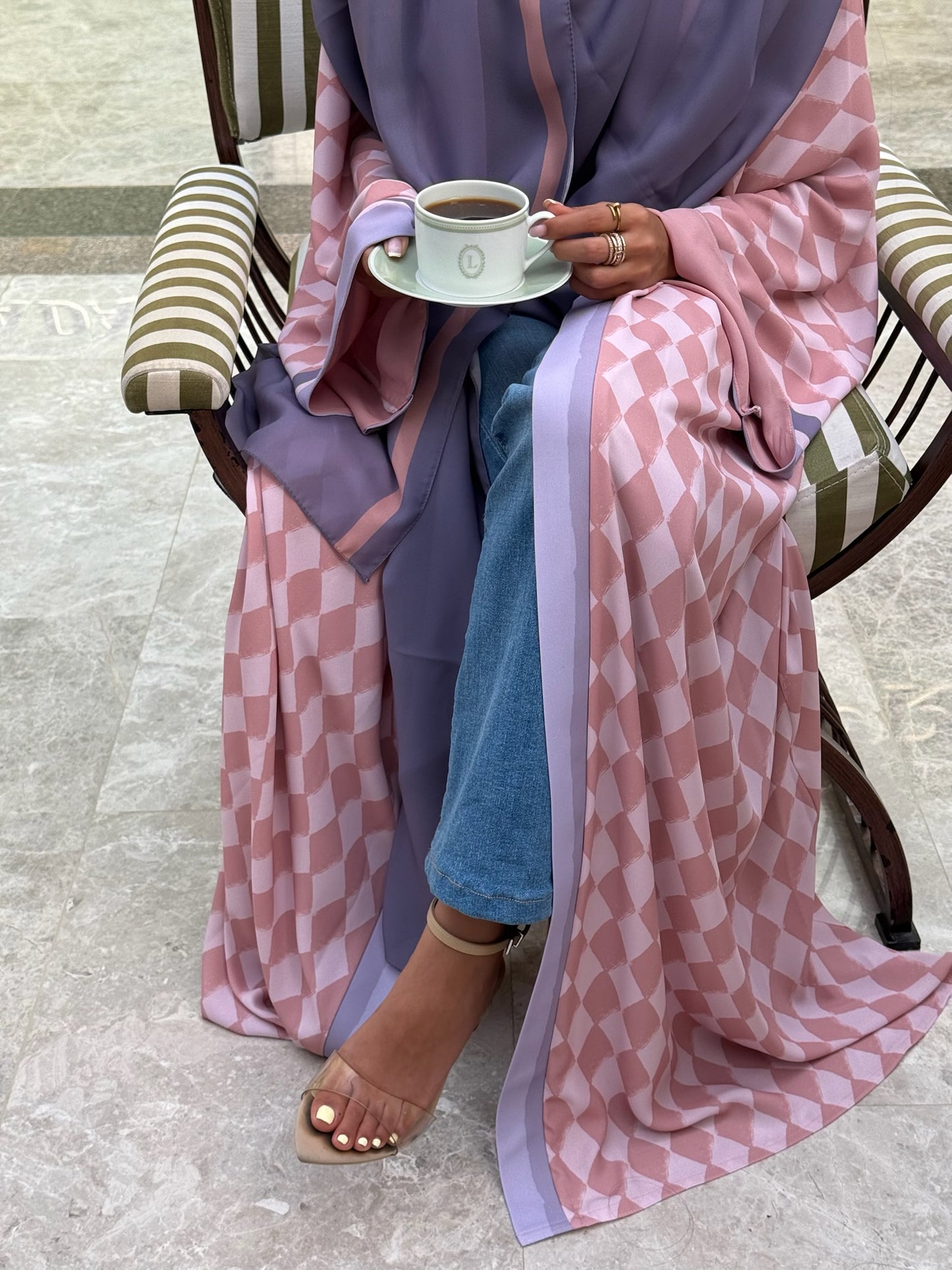 FAB316- Pink & Purple Checkered Print A-Cut Chiffon Silk Abaya