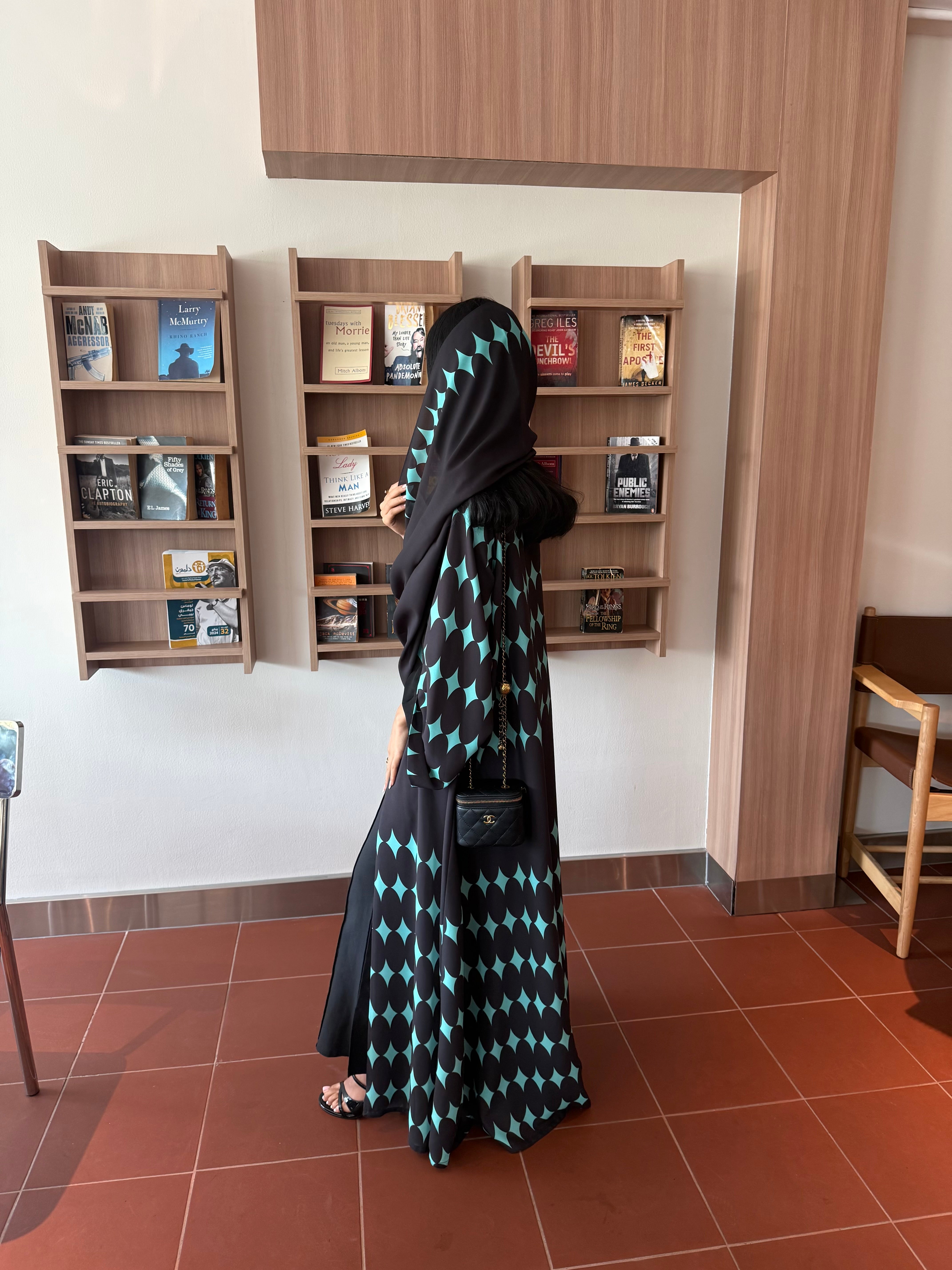 FAB333-Turquoise & Black Diamond Print Straight-Cut Abaya with Matching Headscarf