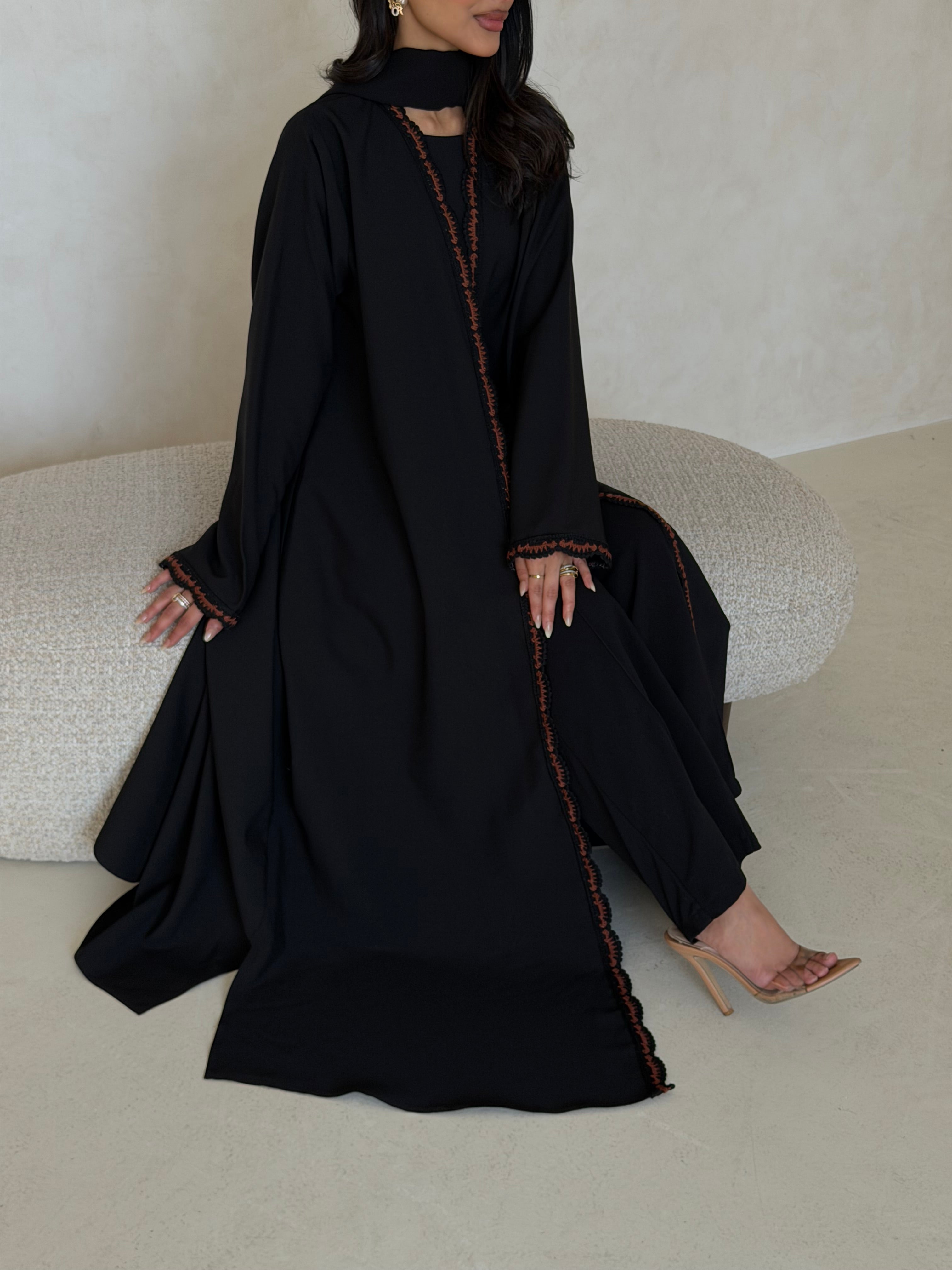 FAB349- Brown Crochet Black Crepe Klosh-Cut Abaya with Headscarf